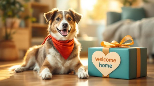 Happy rescue dog with red bandana next to welcome-home gift