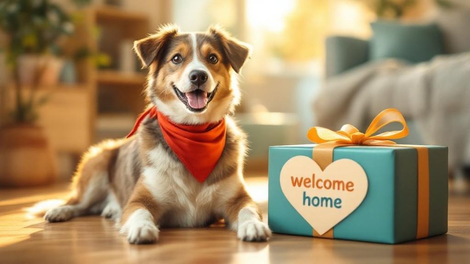 Happy rescue dog with red bandana next to welcome-home gift