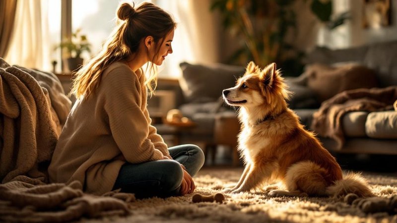 New owner bonding with rescue dog on living room floor