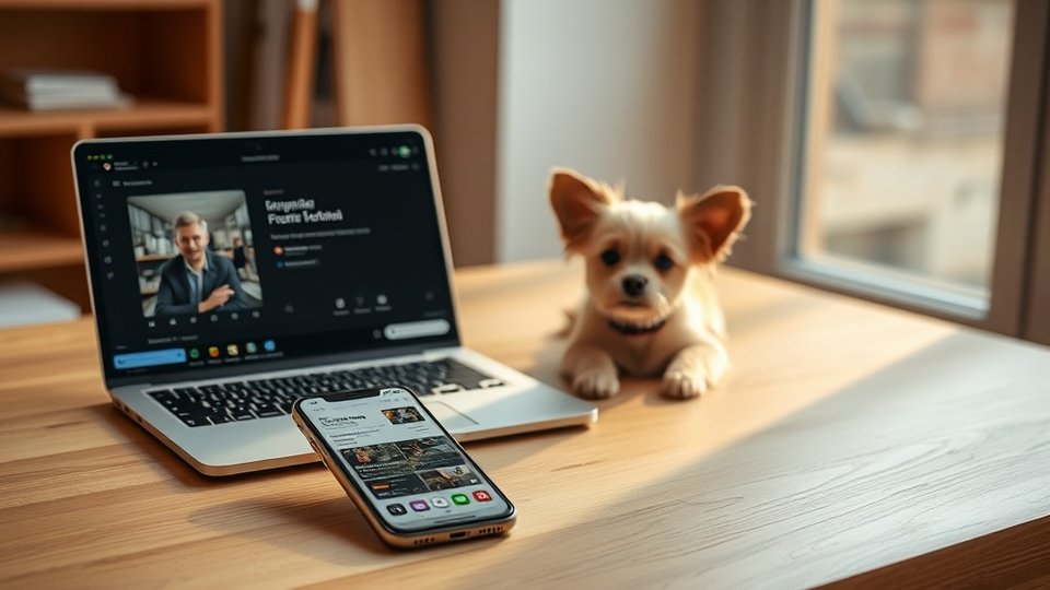 Smartphone and laptop showing AI-generated content with curious dog nearby