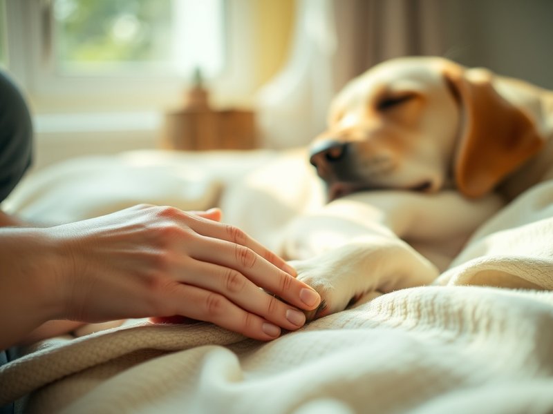 Hand resting on sleeping dog's paw