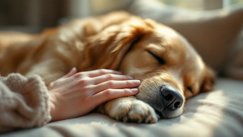 Hand resting on golden retriever paw