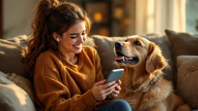 Woman listening to custom song gift with golden retriever on couch