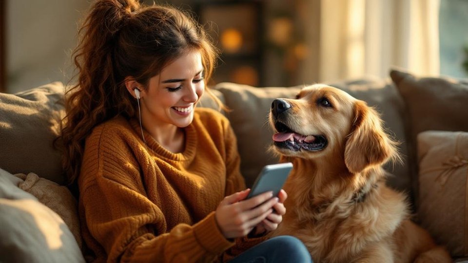 Woman listening to custom song gift with golden retriever on couch