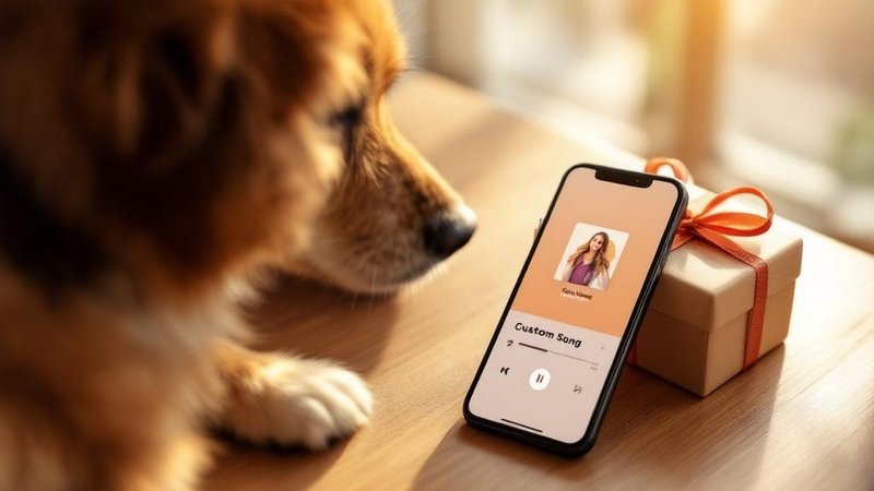 Phone playing custom pet song next to wrapped gift box