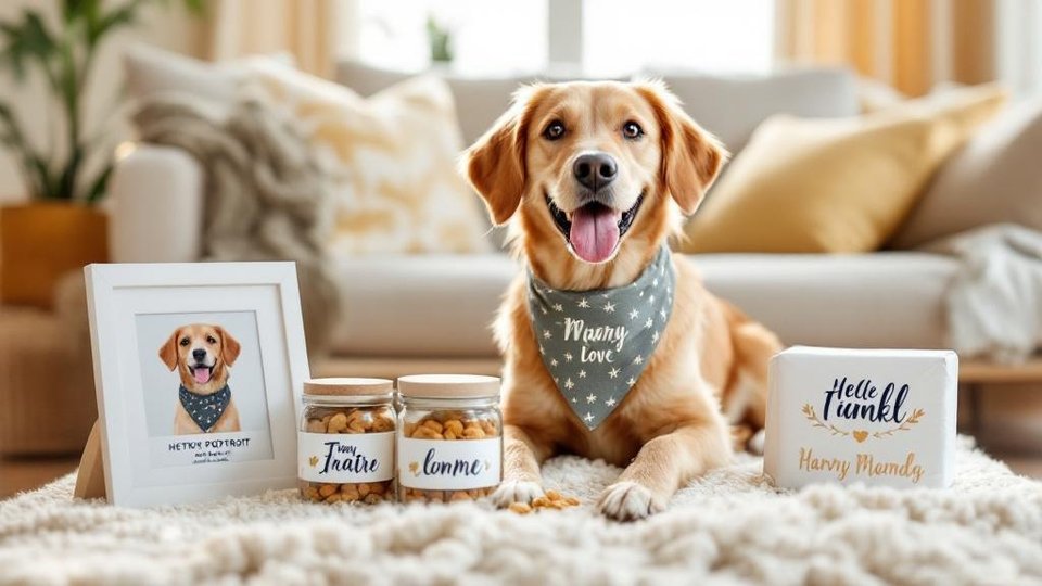Happy dog with personalized bandana next to custom gift collection