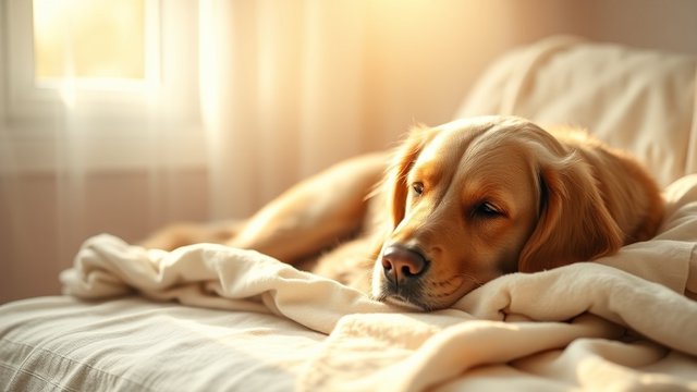 Senior golden retriever resting by sunlit window