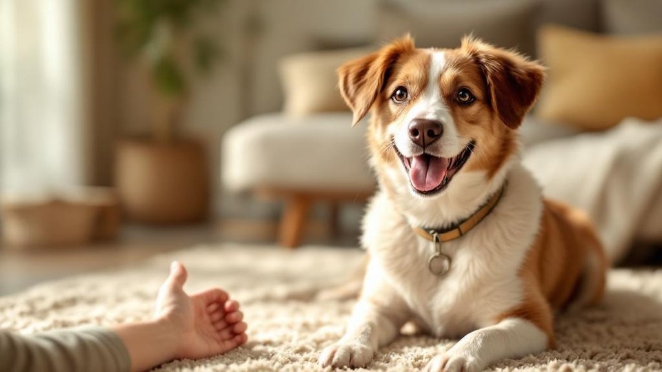 Rescue dog with new collar in a bright living room