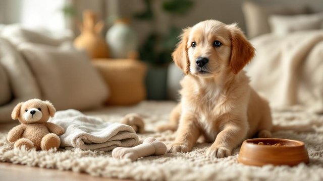 Golden retriever puppy with welcome home gifts