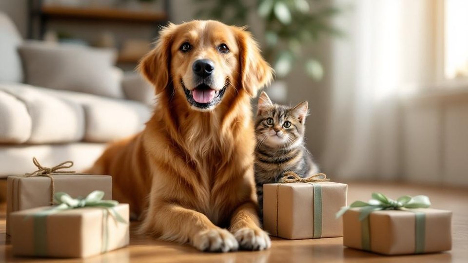 Dog and cat near small wrapped gifts