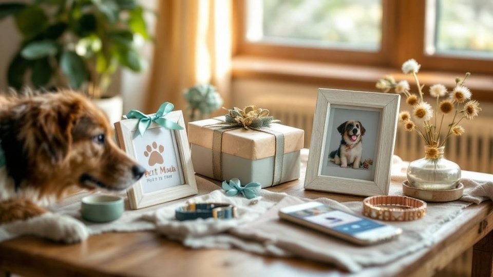 Collection of personalized pet gifts on wooden table with dog