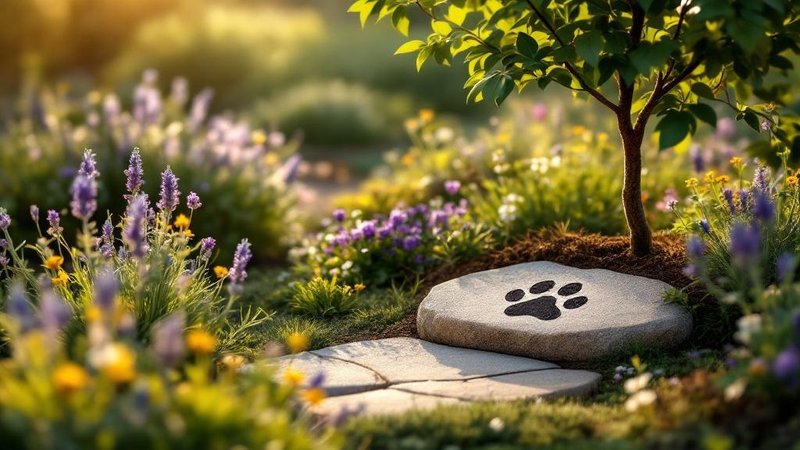 Memorial garden with paw print stepping stone