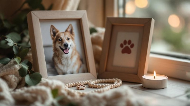 Memorial candle with framed dog photo and jewelry