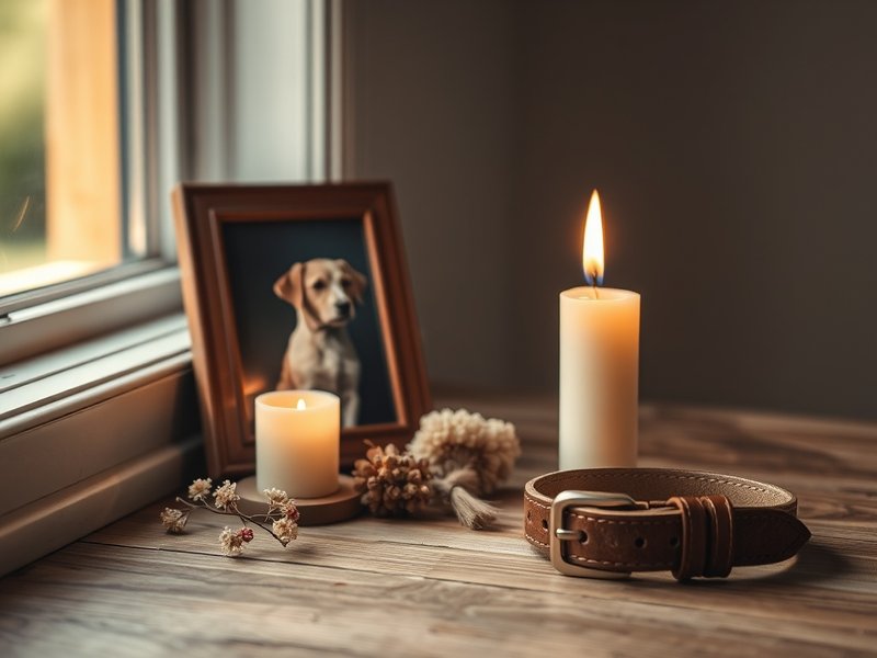 Dog memorial keepsakes — candle, collar, and framed photo