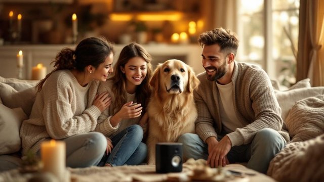 Family listening to personalized song gift with golden retriever