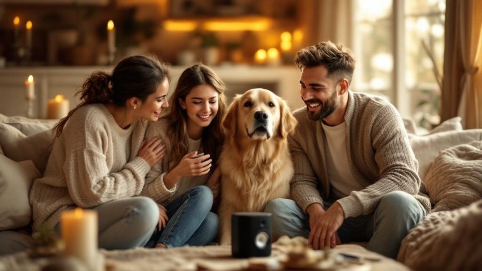 Family listening to personalized song gift with golden retriever