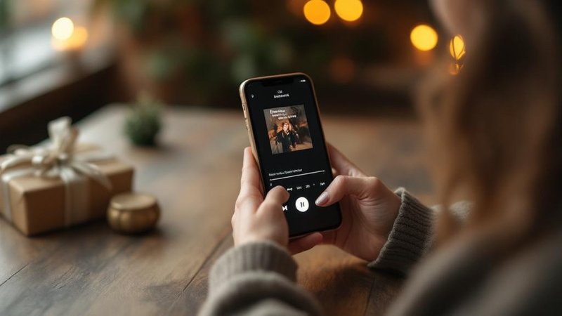 Woman listening to personalized song on phone with headphones