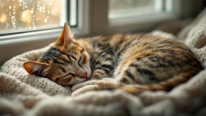Sleeping tabby cat on blanket near window