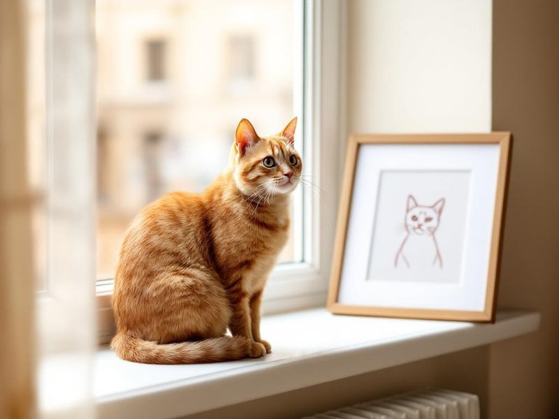 Orange tabby cat next to a custom line drawing portrait