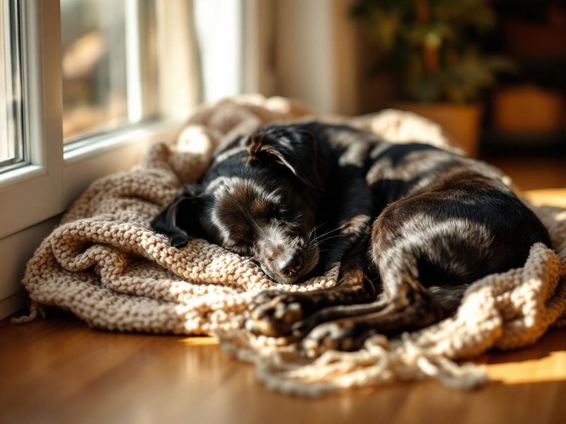 Senior rescue dog asleep on a knit blanket