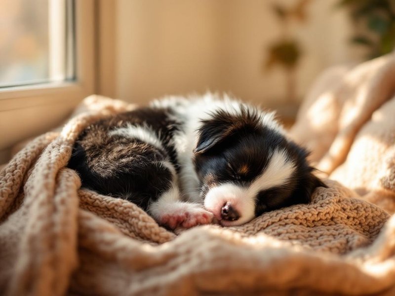 Border collie puppy asleep on a folded knit blanket