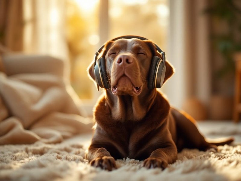 Chocolate lab listening to music with headphones