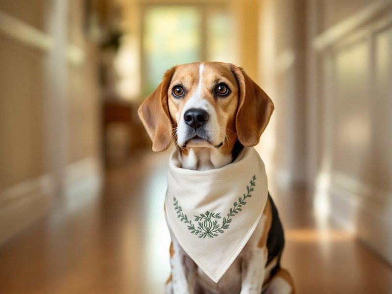 Senior beagle wearing a hand-embroidered linen bandana