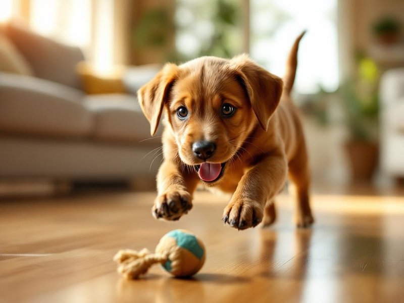 Brown lab puppy playing with a rope toy