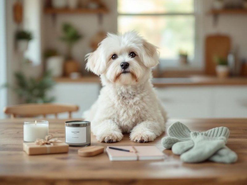 Small white dog with thoughtful gifts arranged on wooden table