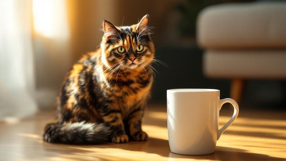 Unique cat lover gifts hero — tortoiseshell cat unimpressed by a paw-print mug
