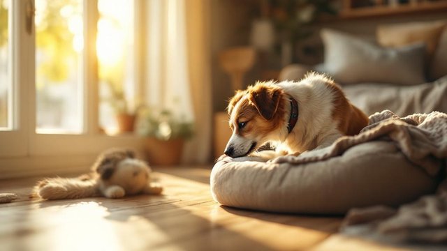 Rescue dog cautiously exploring new living room with cozy dog bed