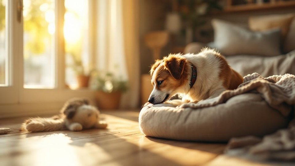 Rescue dog cautiously exploring new living room with cozy dog bed
